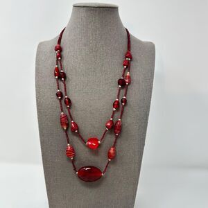 Vintage Red Beaded Double Strand Necklace Teardrop Pendant Statement 19”